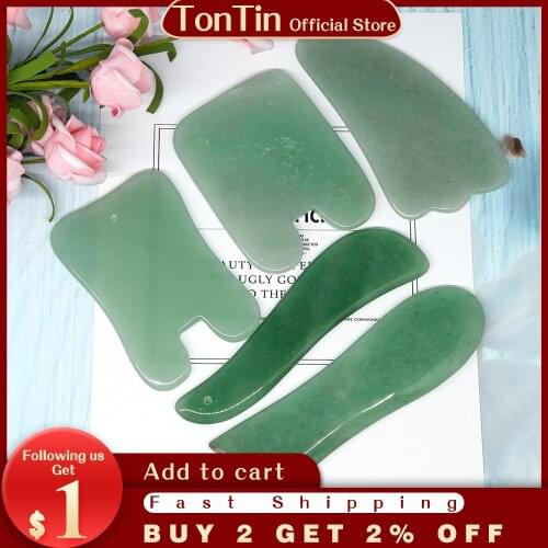 Tontin Natural Aventurine Aventur Jade Guasha Board Gree Stone Scraping Tools V line Face Beauty Kit Healthcare