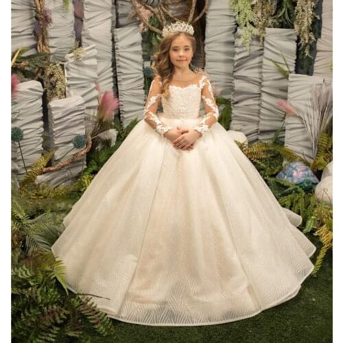 Adorable Light Champagne Flower Girl Dresses Ball Gown Beading Appliques Pageant Birthday Wedding Party Dress