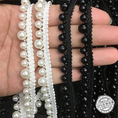 5Yards White Black Pearl Beaded Embroidered Rhinestones Applique Braided Lace Ribbon Trim Collar For Wedding Dress