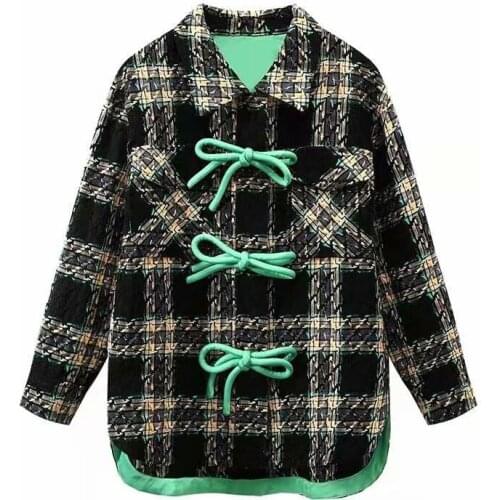 Autumn Plaid Tweed Jackets Coat Women Bow Woolen Outwear Loose Vintage Harajuku Turn Down Collar Coats Pockets C969