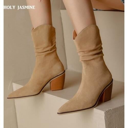 2022 New Cow Suede Leather Ankle Boots Thick High Heels Autumn Winter Women Boots Fashion Slip on Western Boots Size 34-43