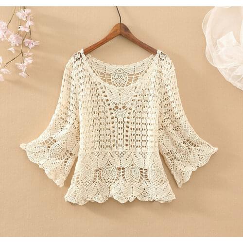 Spring and summer 2021 fashion new loose five-point sleeves short lace hollow mesh temperament casual all-match top