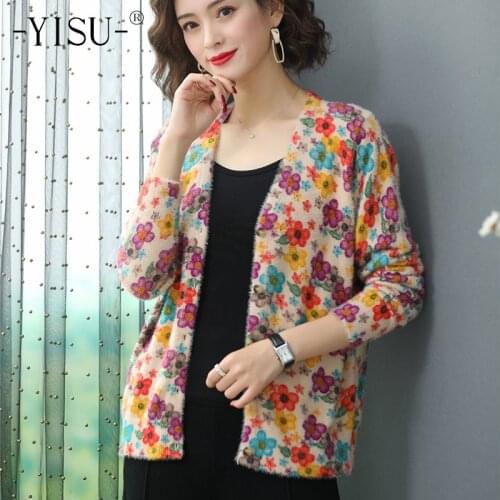 YISU Winter Knitwear Cardigan Autumn Loose Flower Print pattern Knitted Sweater Casual Coat Winter Knitted Cardigan Women