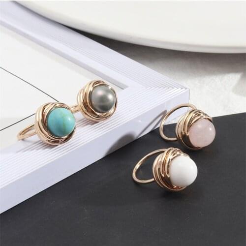 Fashion Pink Rose Quartz Healing Crystal Rings Geometric Gold Plated White Blue Natural Stone Ring for Women Jewelry Gift