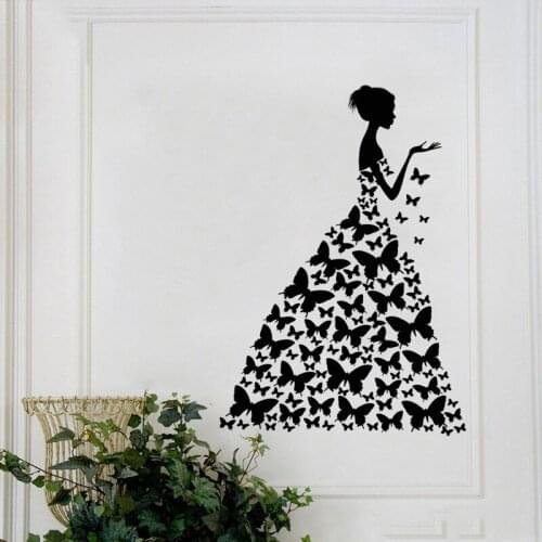 Woman Face Fashion Style Dress Black Dress Room Decoration Butterfly Wall Sticker Vinyl Art Poster Mural Art Design Decals XL75