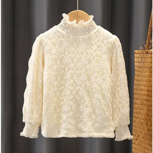 Winter New Arrival Fashion Girls Long Sleeve Lace Shirt For 3-16T Plus Velvet Thick High Collar Warm Tee Tops Princess Blouses