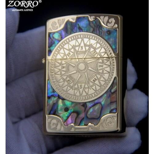 Zorro personality vintage grinding wheel kerosene lighter cotton oil machine compass color shell brass men’s gift
