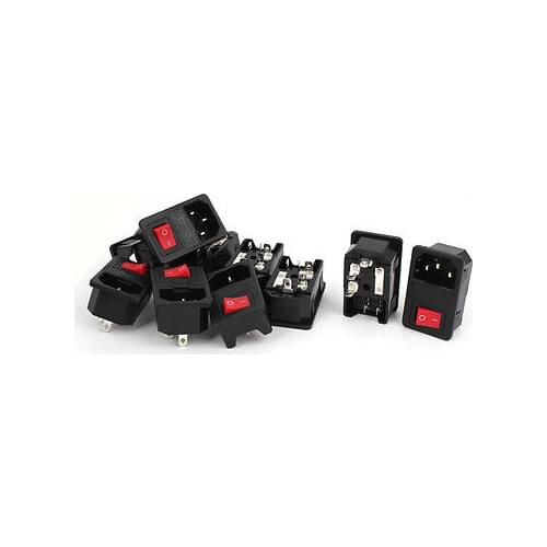 10Pcs AC 250V 10A IEC 320 C14 Inlet Socket w Fuse w 2-pin Red Lamp Rocker Switch