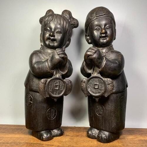 12" Tibet Buddhism Temple Old black Sandalwood Statue of golden boy and jade girl Implication Lang Cai Nv appearance Perfect