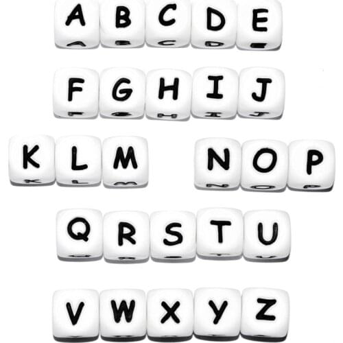 20pcs 12MM Teether Silicone Beads Toy Square Cube Alphabet English Letter Chewing Beads For Teething Necklace Pacifier Chain