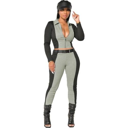 Adogirl Casual Color Patchwork Ribbed Women Set Full Sleeve Zipper Crop Top Sashes Jogger Pants Two Pieces Set Fitness Tracksuit