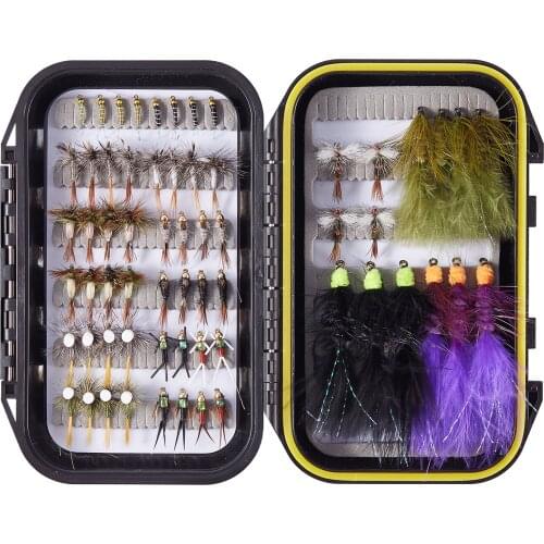 Bassdash Fly Fishing Flies Barbed Fly Hooks 62pcs with Waterproof Fly Box