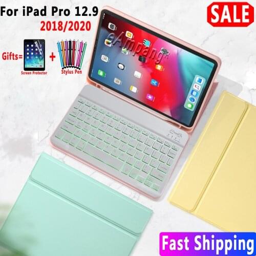 Backlit Keyboard Case for iPad Pro 12.9 2018 2020 3rd 4th Pencil Holder Mouse Detach Bluetooth Leather Soft Shockproof Cover