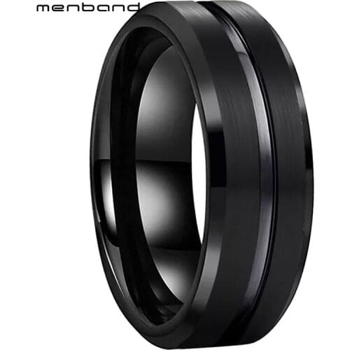 Tungsten Black Wedding Band For Men And Women Band Center Grooved Bevel Edges Brushed Finish 8MM Comfort Fit