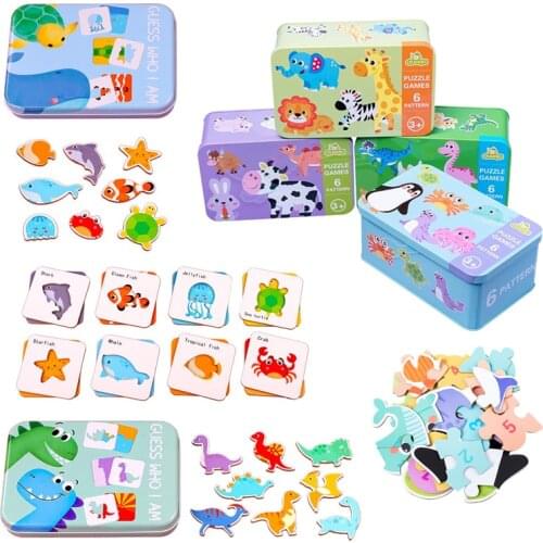 Wooden Puzzle Kids Baby Cognitive Board Games Montessori Toys Educational Jigsaw Puzzle Cartoon Dinosaur Traffic with Iron Box