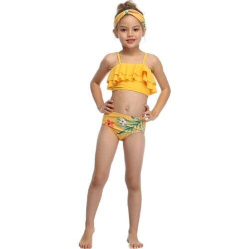 Children Split Swimsuit Set Girls Solid Color Sleeveless Cropped Tops with Ruffle+Floral Print Panties Summer Suits for 2-15T