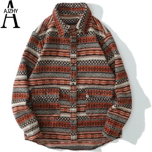 AJZHY Men Winter Flannel Shirt National Style Geometric Stripe Long Sleeve Streetwear Casual Cashmere Button Up Vintage Tops