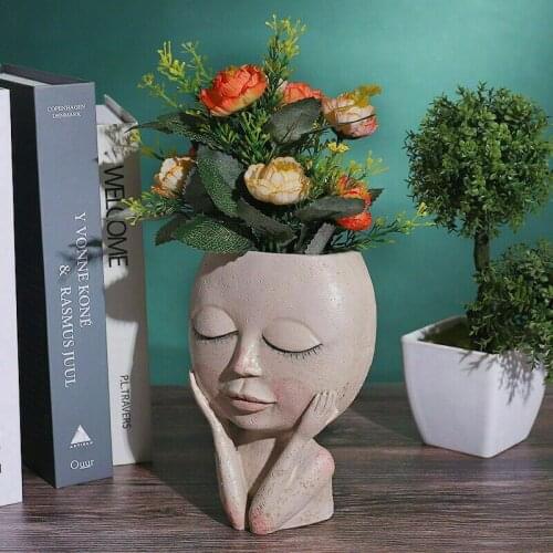 Art Statue Sculpture Potted Decorative Ornaments Hand-painted Cheek-supporting Resin Vase Flower Pot Creative