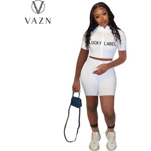 VAZN 2021 Hot List Letter Simple Casual Daily Free Tracksuits Short Sleeve Cloth Knee Length High Waist Skinny Women 2 Piece Set