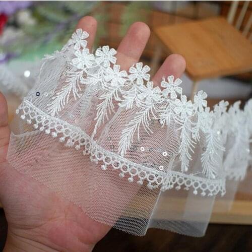 1meter 10cm Wide Sequins Embroidered Lace Trim White Mesh Costume Design Lingerie Dress Custain Home Textile Decorative Handmade