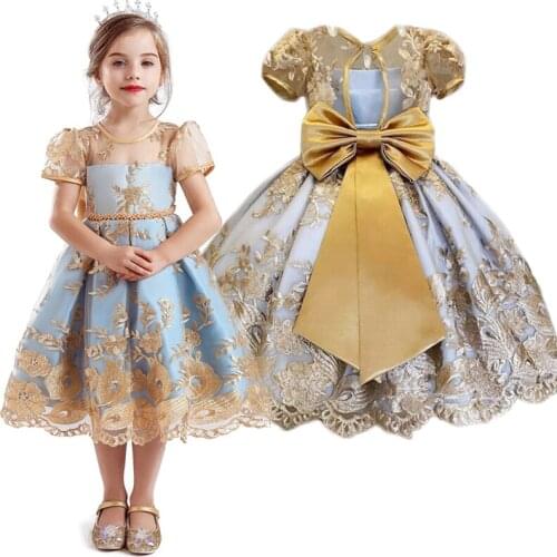 Lace Girls Dress Kids Ceremonies Party Birthday Wear Flower Princess Wedding Gown Baby Girl Children Formal Dresses 4 to 10 Year