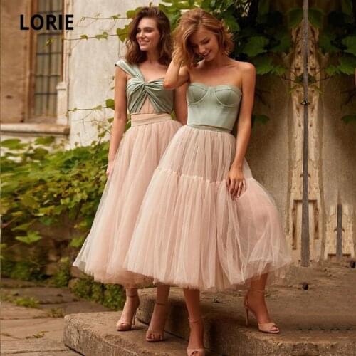 LORIE Two Pieces Prom Dresses 2021 Green and Pink A-Line Tulle Tiered Mid Length Celebrity Party Dress Girl Graduation Gown