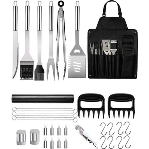 Stainless Steel BBQ Tools Set Barbecue Grilling Utensil Accessories Camping Outdoor Cooking Various Kitwith Apron 35 PCS Set