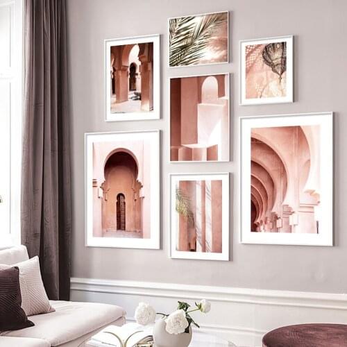 Pink Moroccan Door Promenade Pictures Plam Leaf Nordic Poster Wall Art Canvas Prints Modern Living Room Sofa Backdrop Paintings