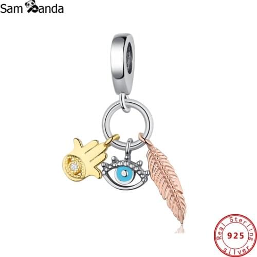 925 Sterling Silver Beads Hamsa Hand Eye & Feather Spirituality Dangle Charms Rose Gold Color Fit Original Bracelets DIY Jewelry