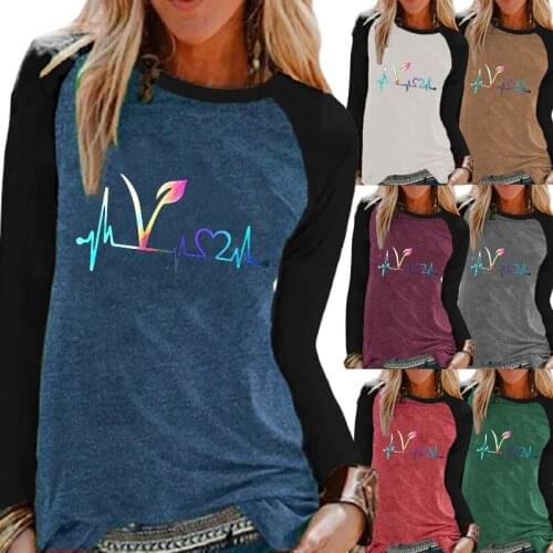 Autumn Fashion Women Casual Long Sleeve Shirt Top Print Round Neck Loose T-shirt Pullover Sweatshirt Oversized Ladies T-shirt