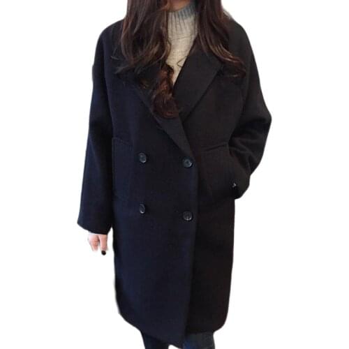 Wool Coat Women Fall Clothes for Women Long Solid Button Pockets V-Neck Double Breasted Abrigos Para Mujer Korean Coat