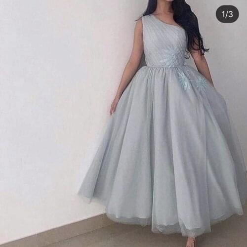 One shoulder prom dresses 2021 lace appliques pleats ball gown ankle length evening dresses gowns