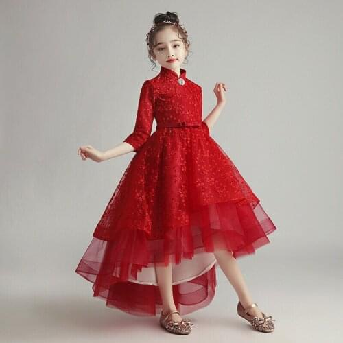 Flower Girl Dresses Illusion Crystal Beading Sashes Embroidery High Princess Knee-Length Lace Tulle Luxury Kids Party Gown H354