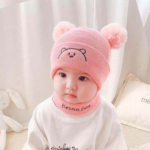 Baby Hat Scarf Set Boys Girls Skullies Beanies Autumn Winter Warm Toddler Kids Hats Ring Scarf Cartoon Bear Fur Ball Hats & Caps