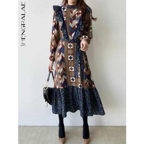 SHENGPALAE 2021 New Spring Autumn Women Vintage Loose High Waist Slim Was Thin Elegant Hit Color Splice Ruffles Maxi Dress ZA557