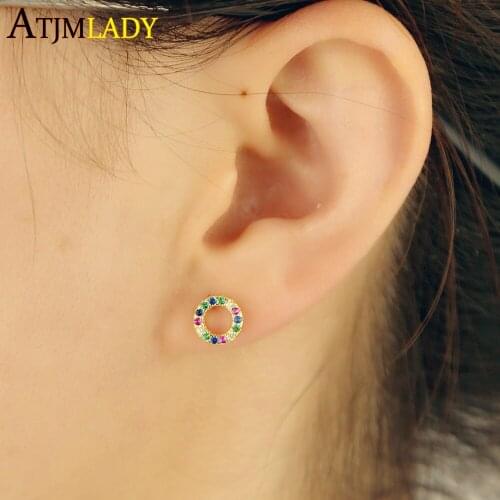 925 sterling silver colorful multi color cz paved rainbow earring for girls minimal geometric fashion circle round stud earring