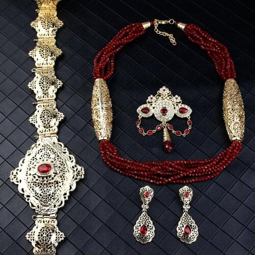 Sunspicems Elegent Morocco Women Wedding Jewelry Sets Natural Stone Belt Bead Necklace Caftan Brooch Earring Arab Bridal Bijoux