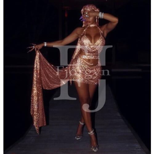 High Quality Glittering Three Pieces Girls Sexy Party Dresses Custom Made Top and Mini Skirt with Cloak Fashion Short Prom Gown