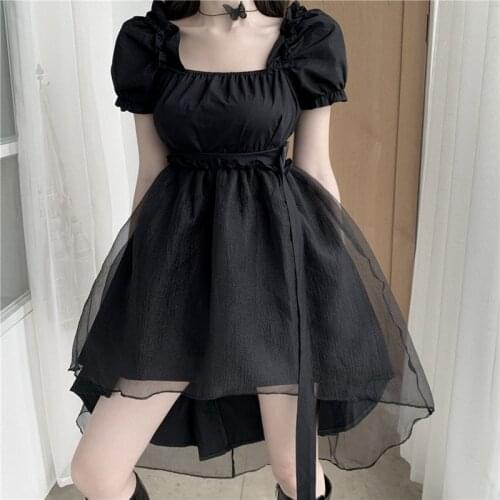 Japanese Women Black Gothic Lolita Dress Victorian Vintage Girl Puff Short Sleeve Organza Mesh Square Collar A-line Punk Dresses
