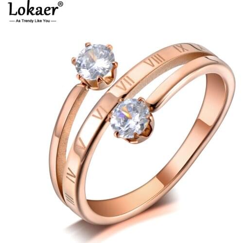 Lokaer Trendy Stainless Steel Anniversary Rings For Women Rose Gold Double AAA+ Cubic Zirconia Female Engagement Jewelry R19118