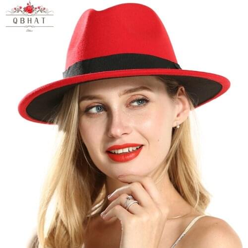QBHAT Women Wool Felt Jazz Fedora Hats Red Black Patchwork Wide Brim Panama Trilby Carnival Cap Female Casual Gambler Hats