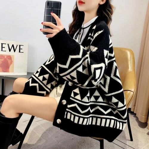 Argyle Woman Knitted Sweaters 2020 Loose Oversized Sweater Korean Winter Simple Long Sleeve Autumn Coats Cardigan for Women
