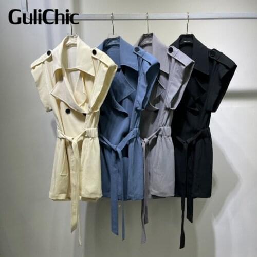 9.2 GuliChic High Quality Women With Belt Double Breasted Solid Color Comfortable Fashion Playsuit