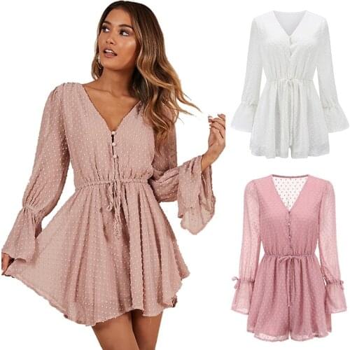 Solid deep V neck bw tie slim elegent playsuits women Flare Sleeve spring summer sexy Jumpsuits Short Rompers Overalls plus-size
