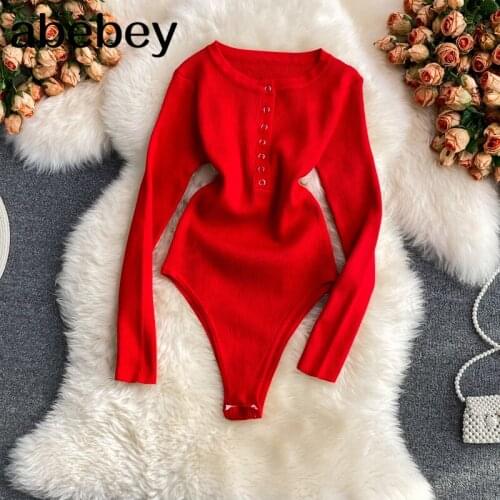 2021 New Summer Temperament O-neck long sleeve Bodysuits sexy style single breasted high waist skinny solid color Bodysuits