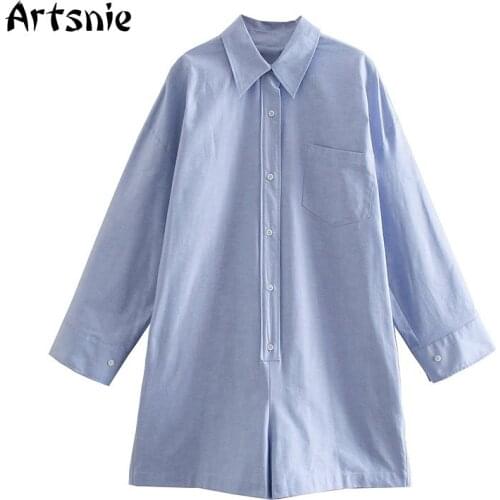 Artsnie Summer 2021 Blue Casual Shirt Playsuits Women High Waist Button Oversized Rompers Pockets Wide Leg Pants Ladies Rompers