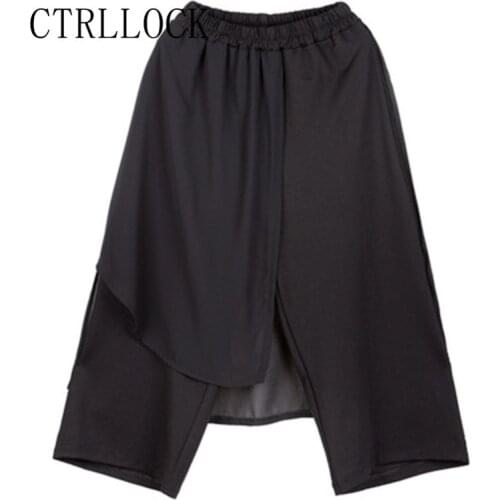 CTRLLOCK Asymmetry Women Casual Chiffon Patchwork Ankle-length Pants Elastic Waist Wide Leg Pants