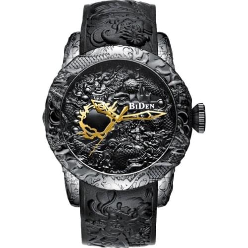BIDEN Men Watches Fashion 3D Engraved Dragon Relogio Masculino Luxury 2020 Top Brand Quartz Watch Waterproof Sport Male Clock