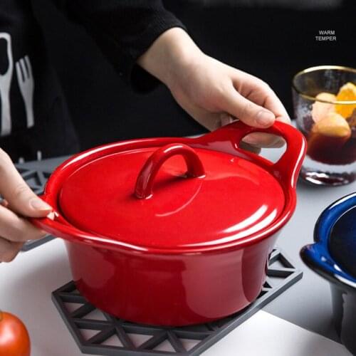 Large ceramic soup bowl, large red binaural baking bowl with lid, household baking bowl, large vegetable bowl, oven bowl