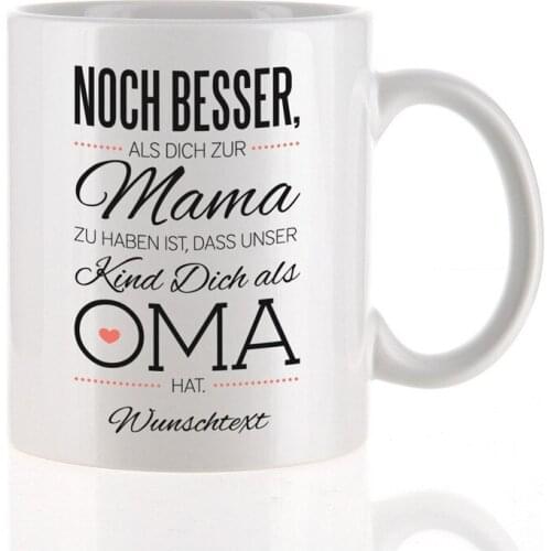 Private cup of modern coffee cup as a compliment for the best grandma with free printing of your desired text Motiv: our child